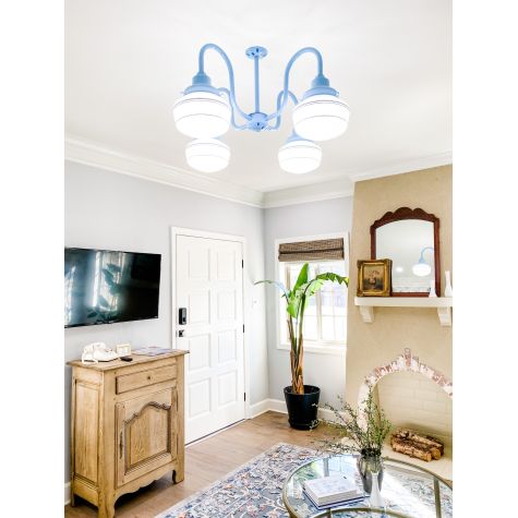 Primary 4-Light Schoolhouse Chandelier, Small Opaque , 715-Delphite Blue, 12" Stem, 3 Painted Bands, 715-Delphite Blue | Photo Courtesy of Sara McDaniel of Simply Southern Cottage and Hector Sanchez Photography