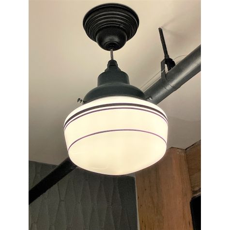 Primary LED Schoolhouse Pendant, Small Opaque, 106-Matte Black, Black and White Cloth Cord, Triple Painted Band, 100-Black | Customer Submission