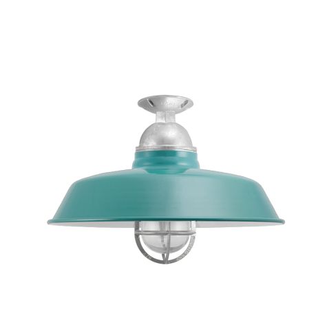 14" Rochester LED, 390-Teal, Mounting in 975-Galvanized, CGG-Standard Cast Guard, 975-Galvanized, RIB-Ribbed Glass