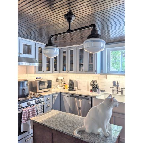Primary Schoolhouse 2-Light Chandelier, Small Opaque, 615-Oil-Rubbed Bronze Finish, 12” Mounting Arms, 6" Stem, Standard Beehive Canopy, Triple Painted Bands in 715-Delphite Blue | Photo Courtesy of Homeowner