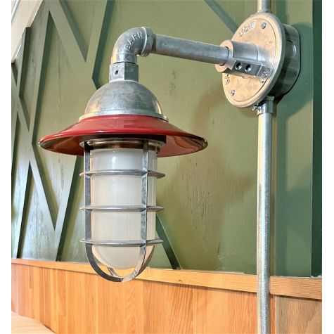 Industrial Guard Sconce, 400-Barn Red, Flared Shade, CGG-Standard Cast Guard, 975-Galvanized, FST-Frosted Glass | Photo Courtesy of The Hostel Hotel