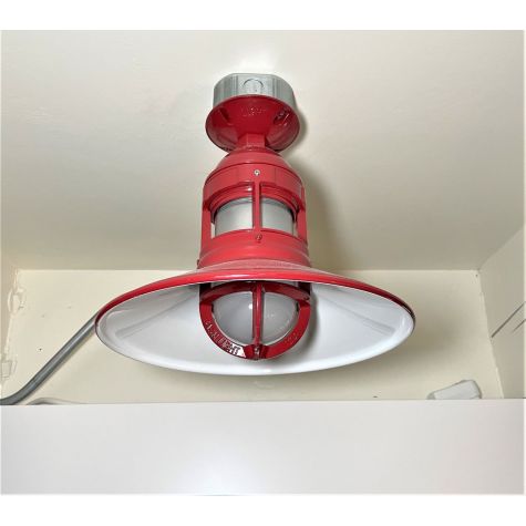 12" Wallaby Flush Mount, 400-Barn Red, FST-Frosted Glass | Photo Courtesy of The Hostel Hotel