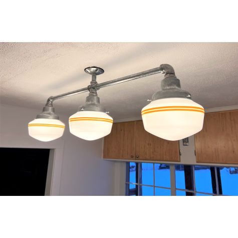 Primary Schoolhouse 3-Light Chandelier, Small Opaque, 975-Galvanized, 18" Arms, 3" Stems, 2 Painted Bands, Buttery Yellow | Customer Submission