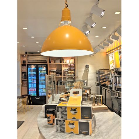 20" Wilcox Uplight Chain Hung Pendant, 570- Sunflower, Standard Black Cord | Photo Courtesy of Wafel & Dinges