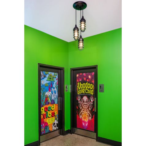 Atomic Topless Multi-Light Chandelier, 100-Black, CGG-Standard Cast Guard, CLR-Clear Glass, SBK-Standard Black Cord | Photo Courtesy of Derek Cress Photography
