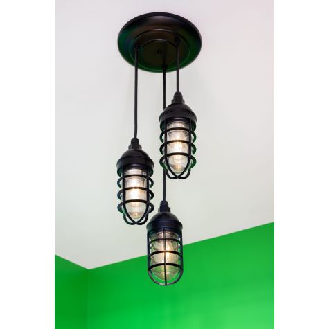 Atomic Topless Multi-Light Chandelier, 100-Black, CGG-Standard Cast Guard, CLR-Clear Glass, SBK-Standard Black Cord | Photo Courtesy of Derek Cress Photography