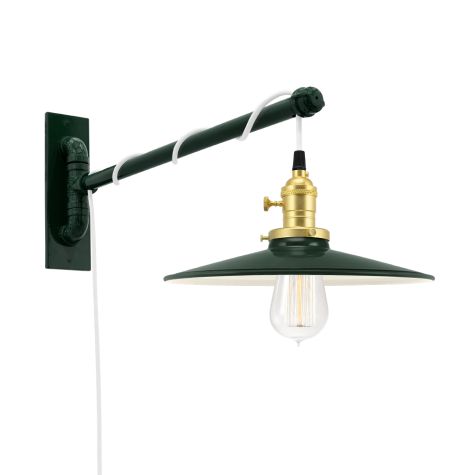 Conoco Swing Arm Sconce, 300-Dark Green, Brass Socket with Knob Switch, Arm in 300-Dark Green, CSW-White Cloth Cord, Nostalgic Edison-Style 40W 1910 Era Bulb