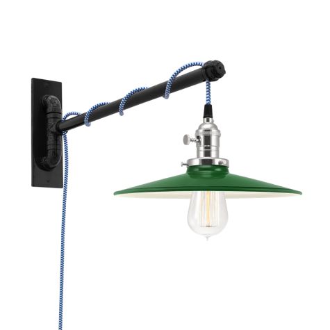 Conoco Swing Arm Sconce, 307-Emerald Green, Nickel Socket with Knob Switch, Arm in 100-Black, CSUW-Blue & White Cloth Cord, Nostalgic Edison-Style 40W 1910 Era Bulb