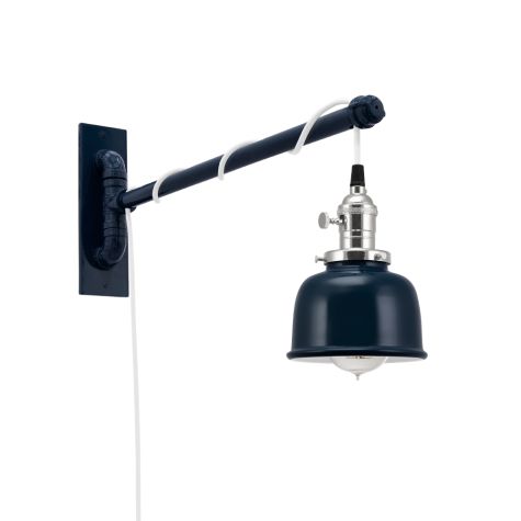 Fargo Swing Arm Sconce, 705-Navy, Nickel Socket with Knob Switch, Arm in 705-Navy, SWH-Standard White Cord, Nostalgic Edison-Style 40W 1910 Era Bulb