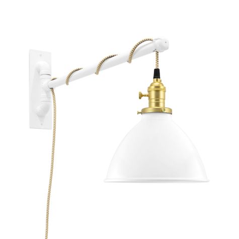 8" Gladstone Swing Arm Sconce, 200-White, Brass Socket with Knob Switch, Arm in 200-White, CSGW-Gold & White Cloth Cord