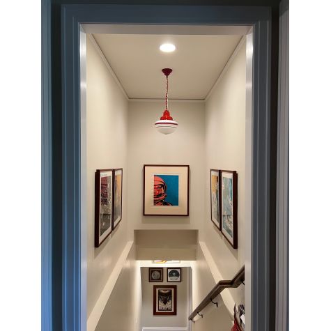 Acorn Chain Hung, Opaque Glass, 400-Barn Red, Three Painted Band, 400-Barn Red, SWH-Standard White Cord | Photo Courtesy of Customer