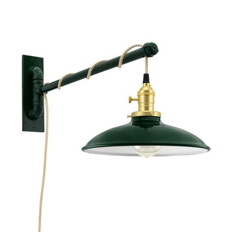 Sinclair Swing Arm Sconce, 300-Dark Green, Brass Socket with Knob Switch, Arm in 300-Dark Green, CSGW-Gold & White Cloth Cord, Nostalgic Edison-Style 40W Victorian Bulb