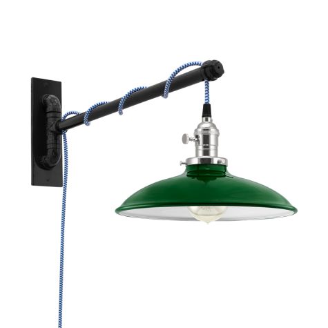 Sinclair Swing Arm Sconce, 307-Emerald Green, Nickel Socket with Knob Switch, Arm in 100-Black, CSUW-Blue & White Cloth Cord, Nostalgic Edison-Style 40W Victorian Bulb