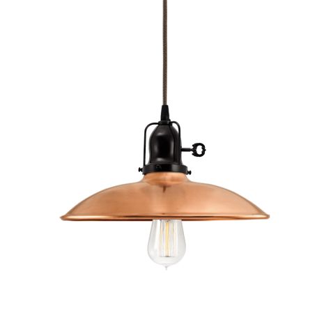 12" Sinclair Spoke Top Pendant, 995-Natural Raw Copper, Cup in 100-Black, With Arms, Key Switch, CSBB-Black & Brown Chevron Cloth Cord, Nostalgic Edison-Style 1910 Era 60 Watt Light Bulb