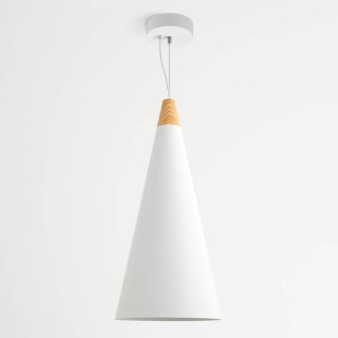 12" Isos LED Cone Studio Pendant Light, 206-Matte White, Optional Wood Top, Ash Wood, Standard White Cord