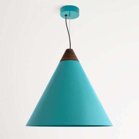 24" Isos Cone Studio Pendant Light, 390-Teal, Optional Wood Top, Walnut Wood, Standard Black Cord