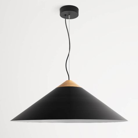 32" Isos Cone Studio Pendant Light, 100-Black, Optional Wood Top, Maple Wood, Standard Black Cord